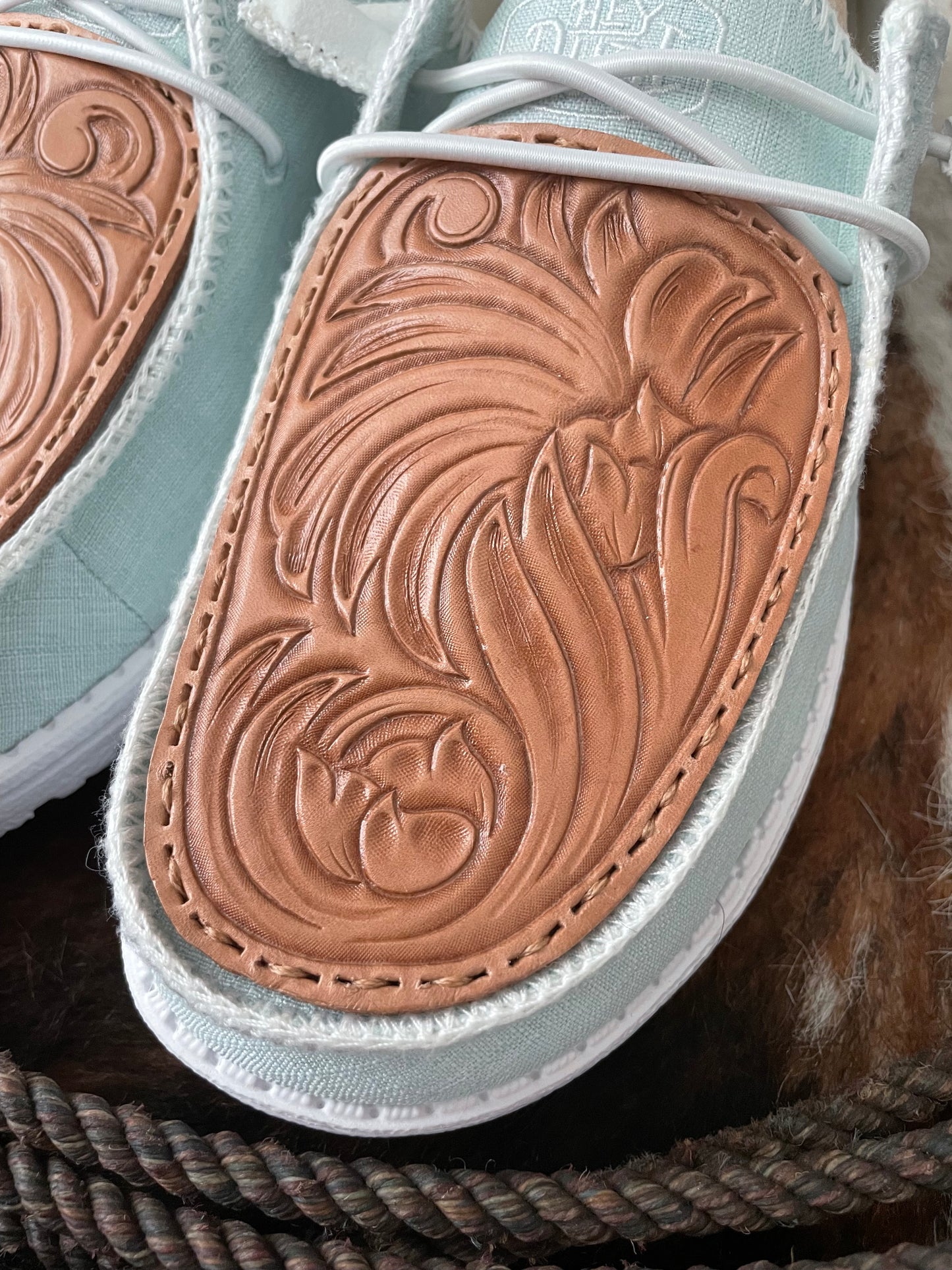 Light Blue Tooled Leather HeyDudes *Size 9W*