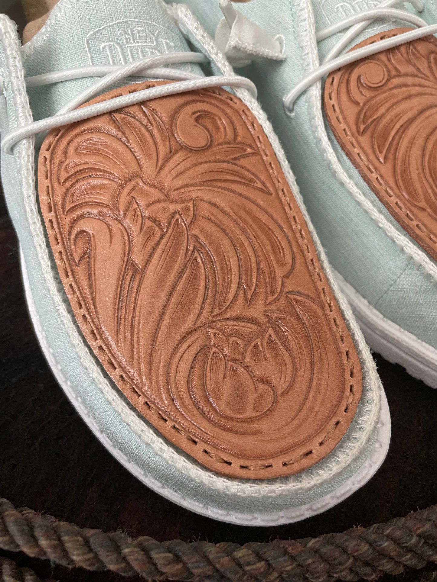Light Blue Tooled Leather HeyDudes *Size 9W*