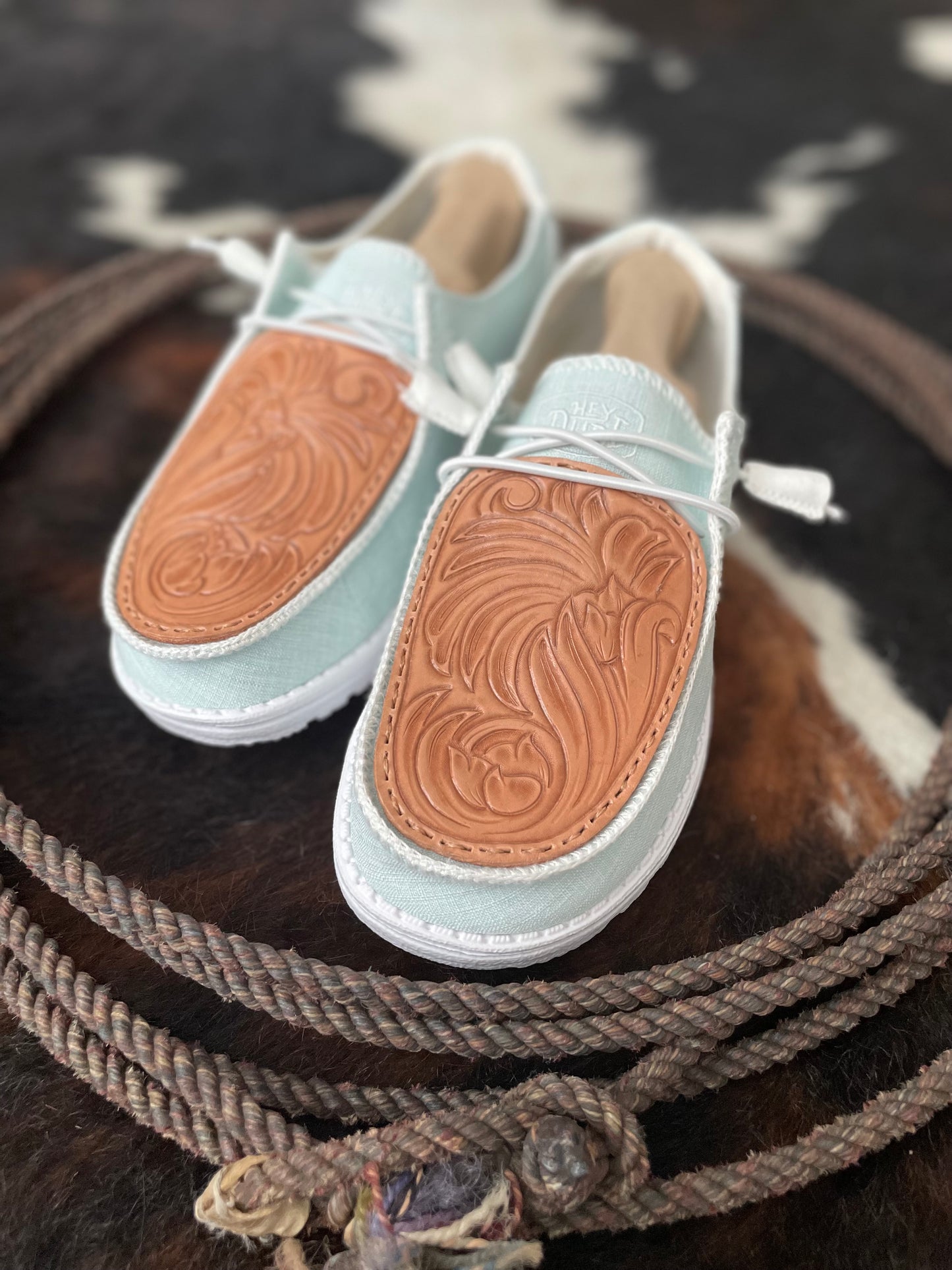Light Blue Tooled Leather HeyDudes *Size 9W*