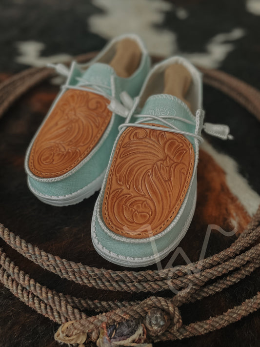 Light Blue Tooled Leather HeyDudes *Size 9W*