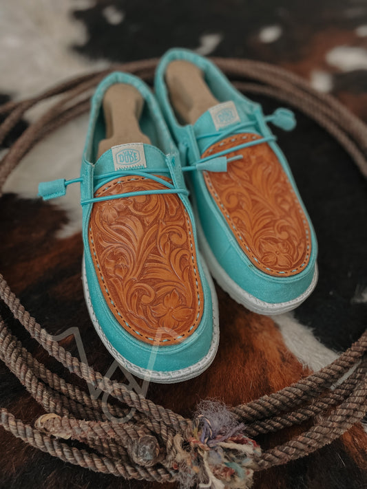 Turquoise Tooled Leather HeyDudes *Size 9W*